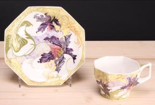 Dutch eggshell Rozenburg cup and saucer with handpainted Art Nouveau design by Samuel Schellink, marked and dated, 1910