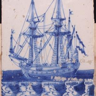 Dutch tile with three-master, 18th C.